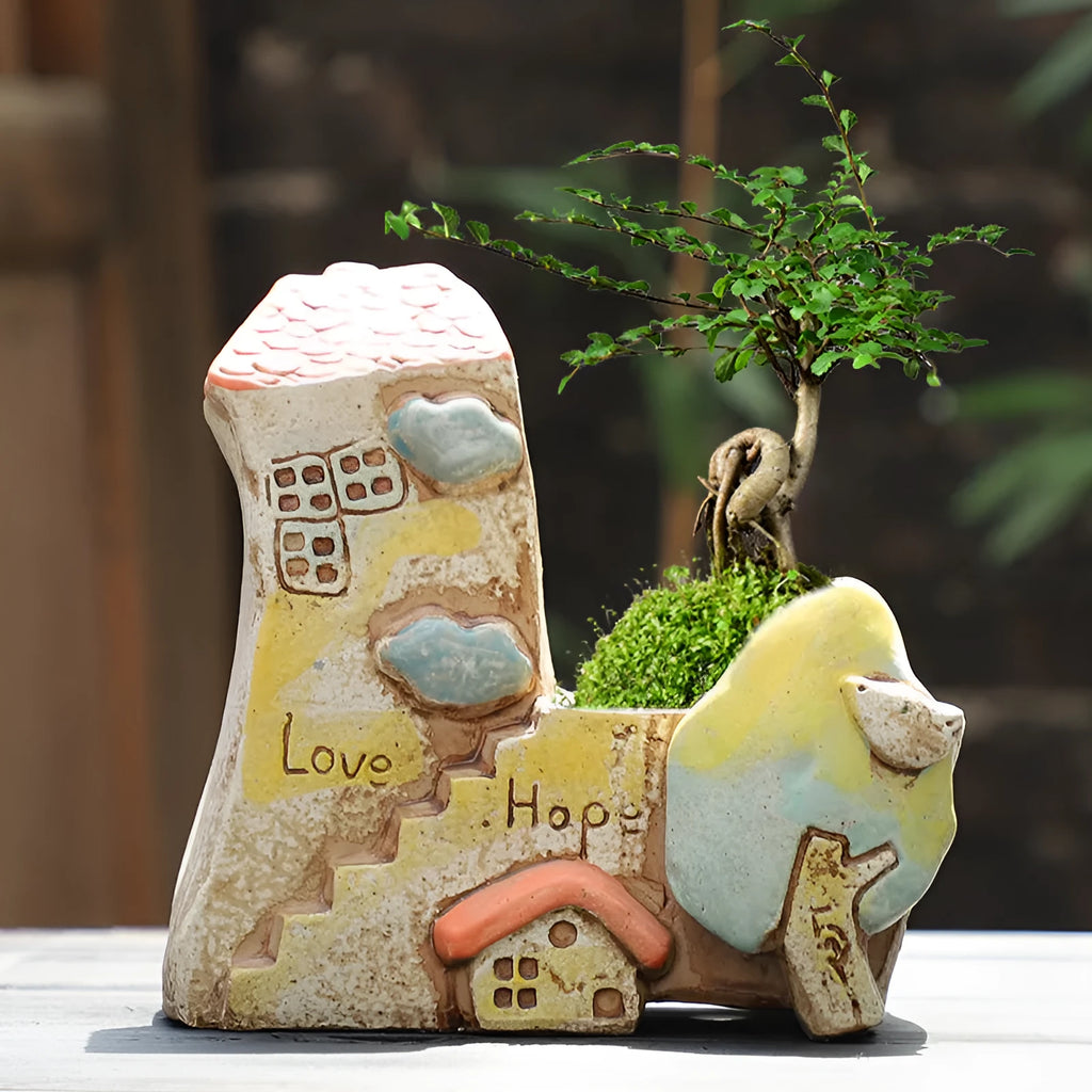 Hand-painted large ceramic succulent flower pot with pastoral design in colour A