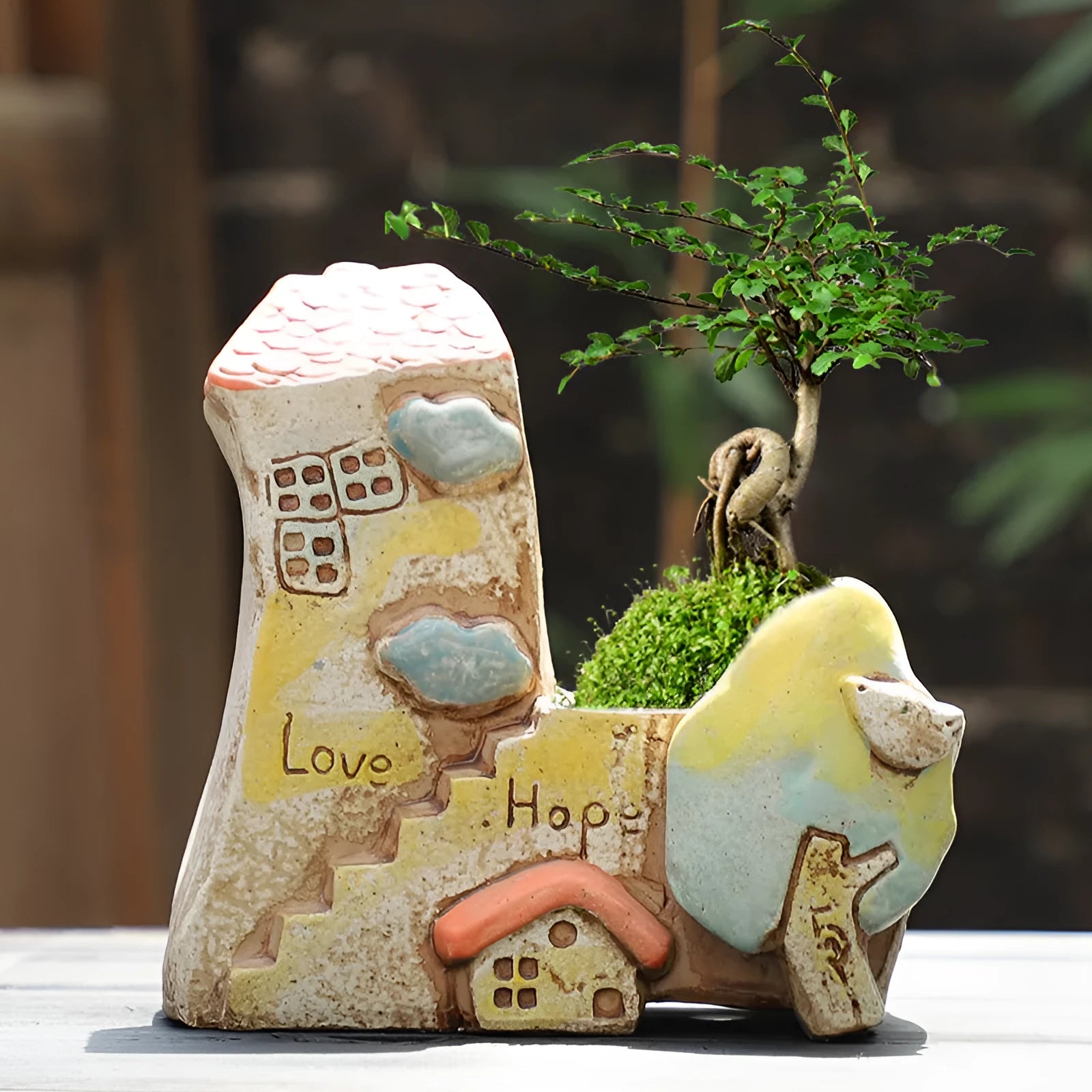 Hand-painted large ceramic succulent flower pot with pastoral design in colour A