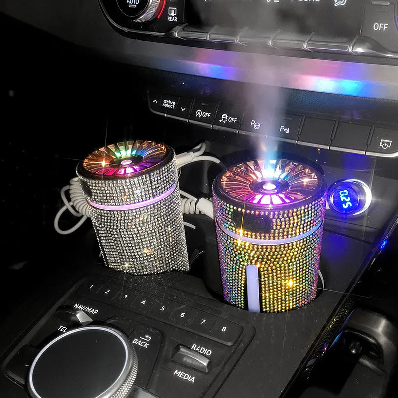 Diamond rhinestone car humidifier with LED lights and mist output, measuring 15x7x7cm