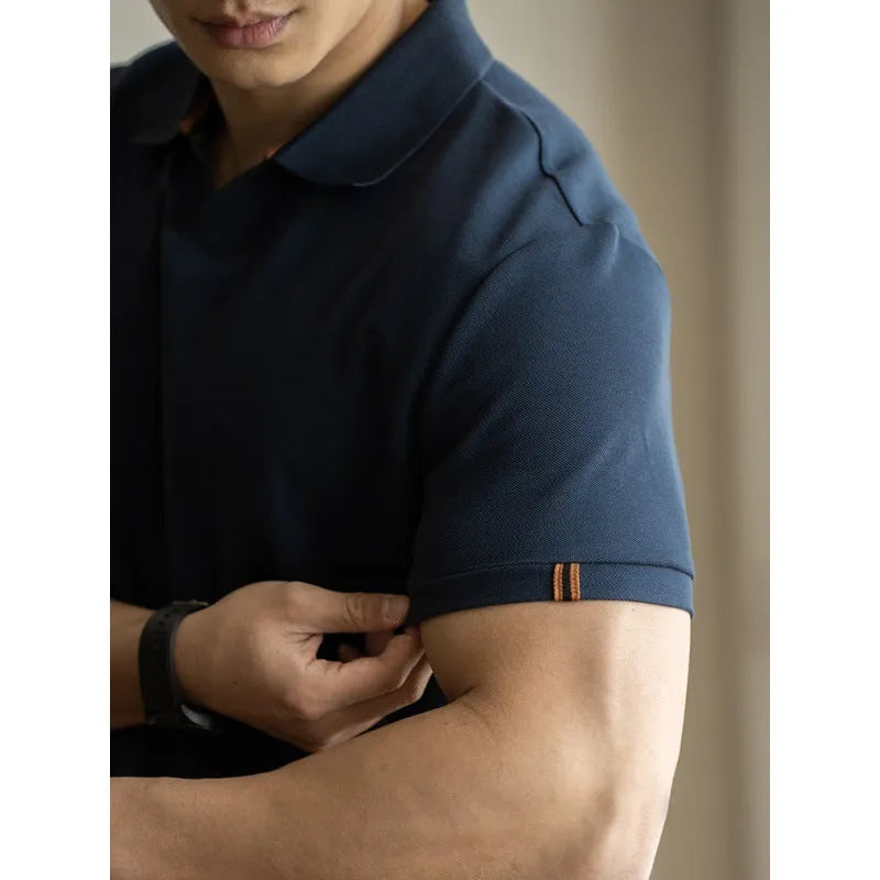 American-style cotton polyester short sleeve polo shirt in blue, black and white colours