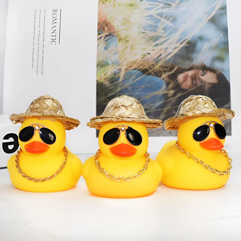 Straw hat yellow duck car dashboard ornament with sunglasses accessory on matte finish