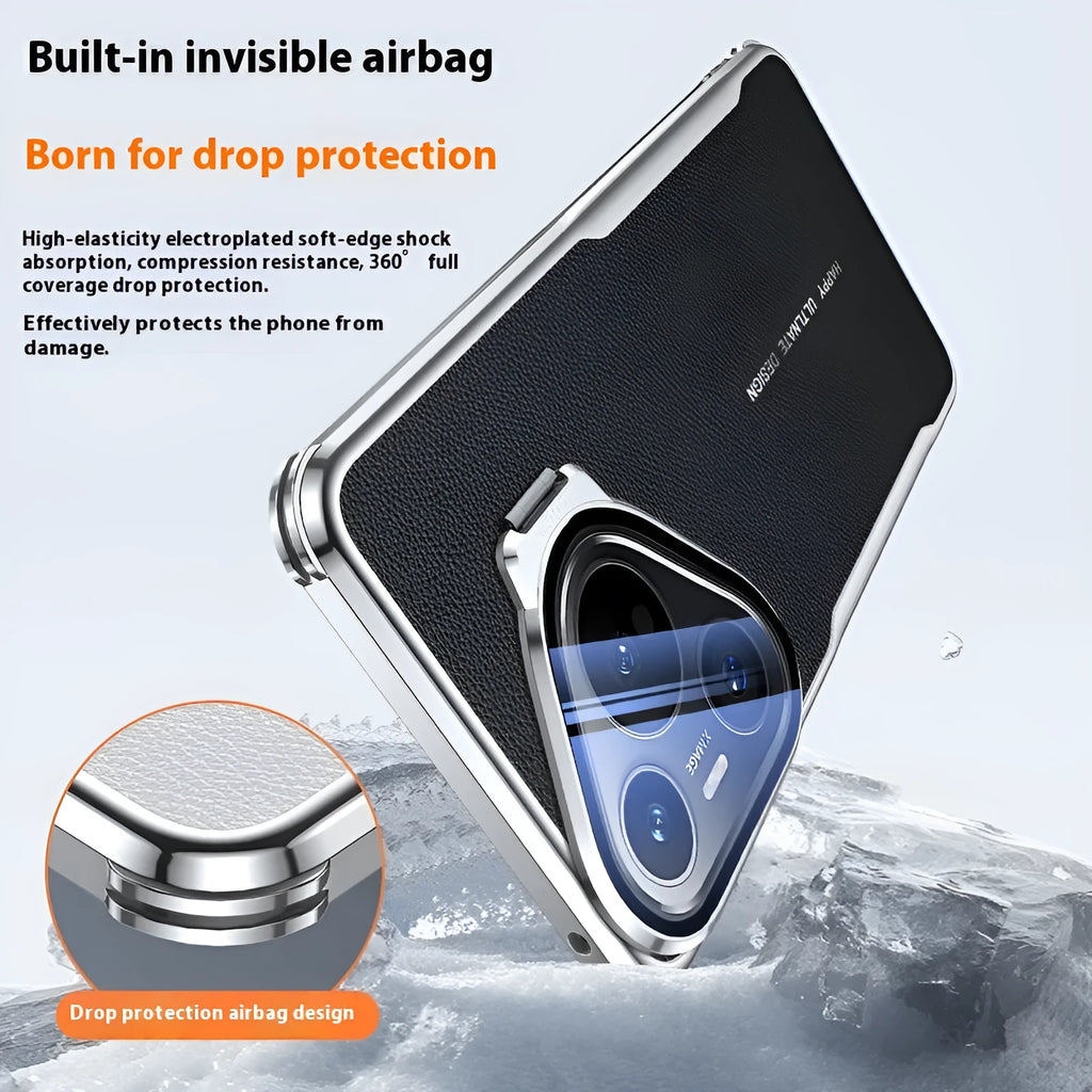 Black leather phone case for Huawei Pura with a folded-out metal stand bracket.