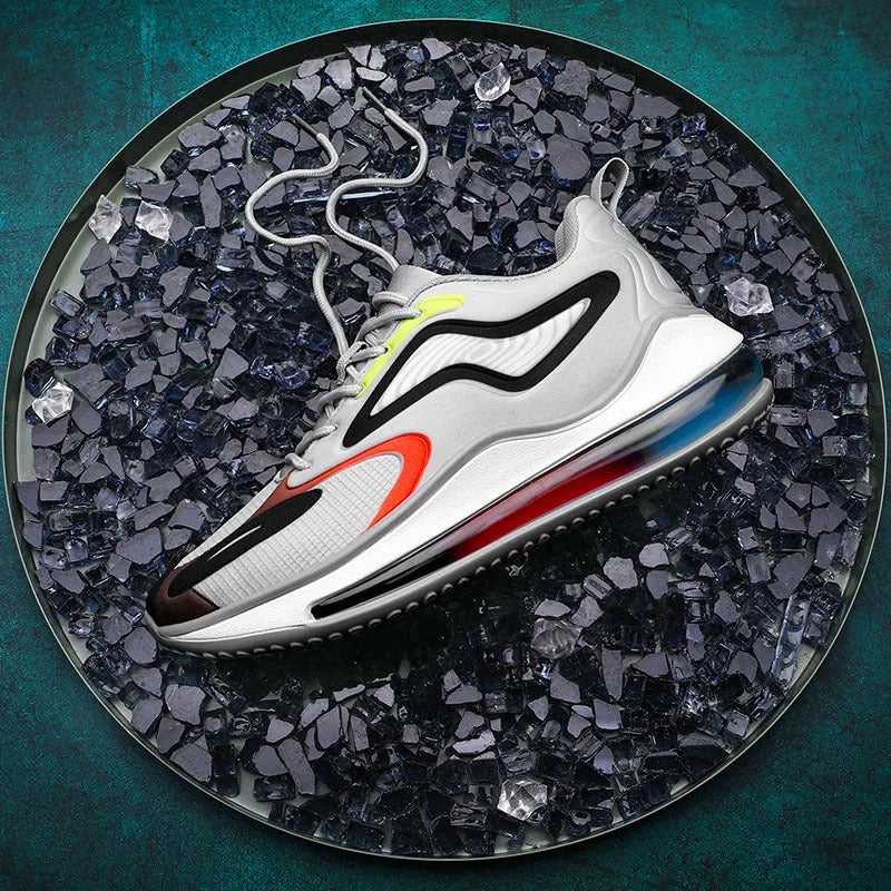 Men's casual mesh sports running shoes with flat heel and round toe, available in black grey and sizes 39 to 46
