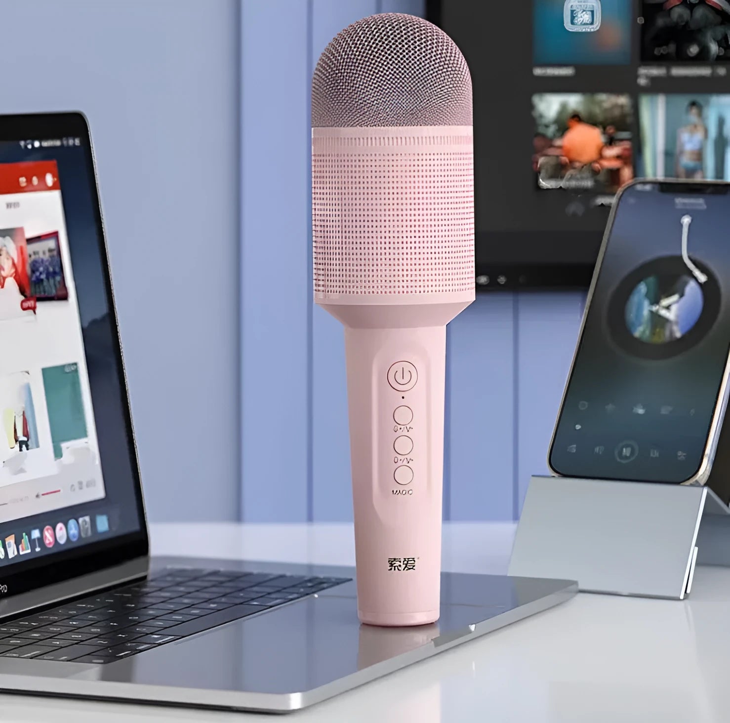 Wireless Bluetooth karaoke microphone in pink, blue, and green colour options with USB connection