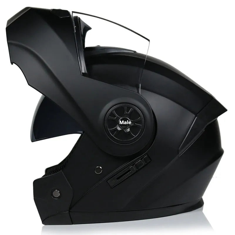 Full face ABS motorcycle helmet in matte black with black ribbon detailing, S to XL sizing options