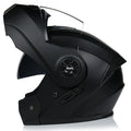 Full face ABS motorcycle helmet in matte black with black ribbon detailing, S to XL sizing options