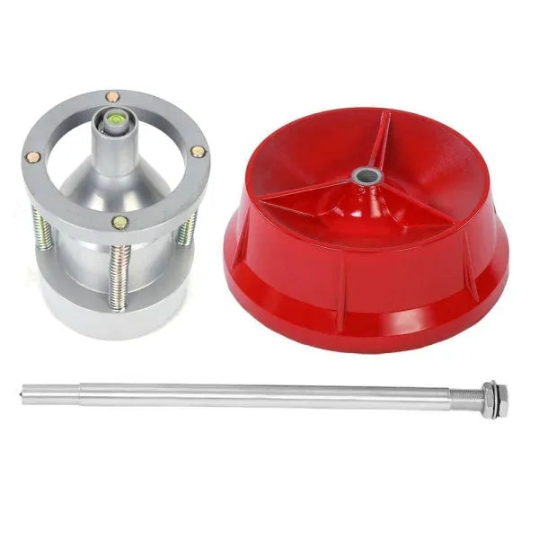 Portable aluminium hub wheel balancer with bull's eye level on an enamel base.