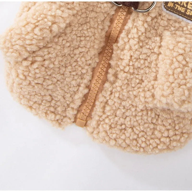 Color-block pet fleece jacket in green brown beige with squirrel patch leash ring and pockets