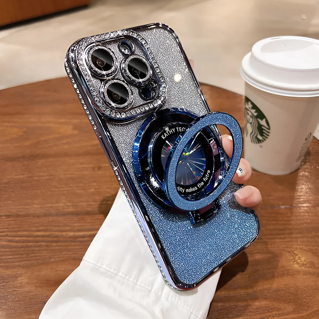 Silicone gradient colour magnetic suction phone case with electroplated edge drill design and kickstand bracket for iPhone