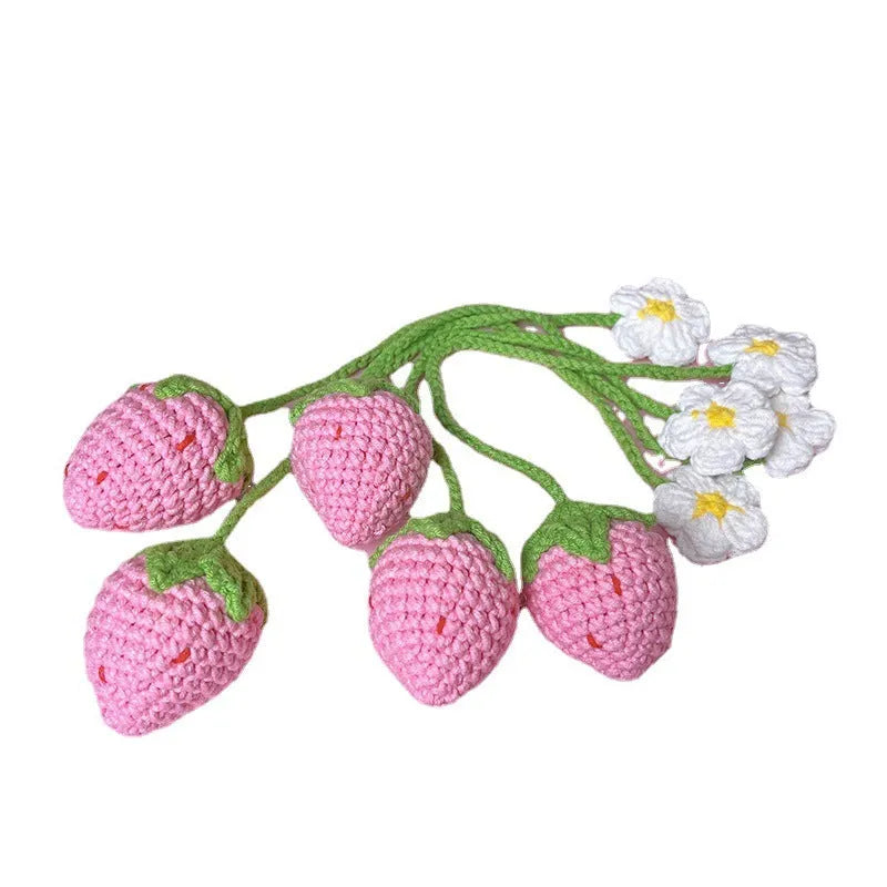 Handmade wool crochet woven strawberry pendant on 35cm chain in pink colour