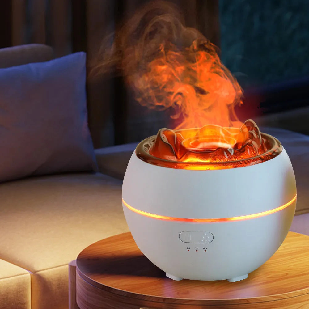 White round desk aroma diffuser humidifier with timer buttons and USB cable