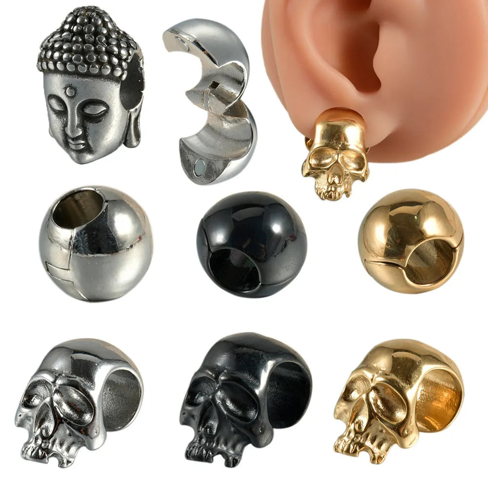 Stainless steel hollow skull and Buddha head earrings in hip hop style.