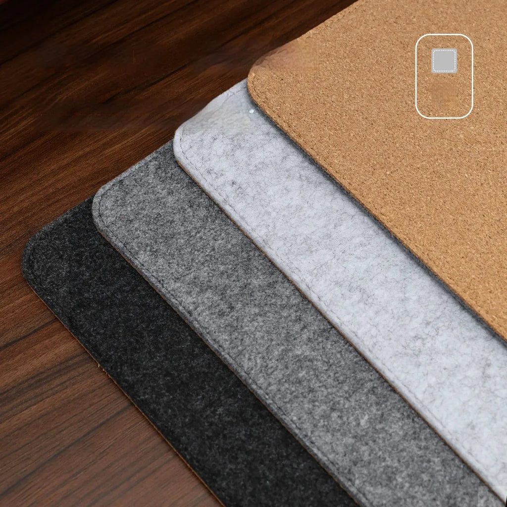 Winter office desk mat in grey felt cork material showing non-slip texture and oversized format