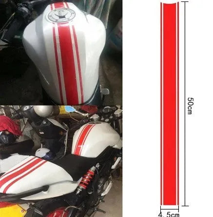 Motorcycle reflective pinstripe decal strip in black, red, silver, and yellow colours.