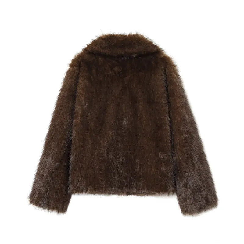 Women's double-sided artificial fur jacket coat in brown with faux fur collar, long sleeves, regular length.