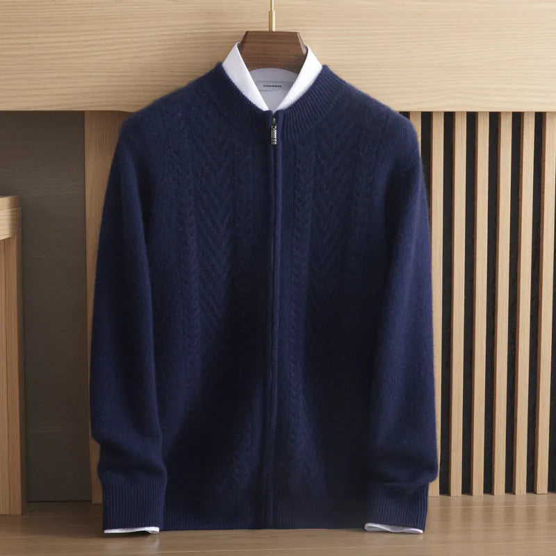Pure cashmere thick twisted cardigan in dark blue for men, light luxury style