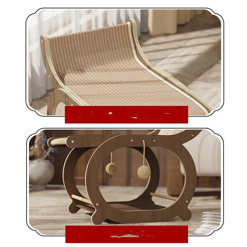 Solid wood cat tree with sisal scratching posts and a platform bed in walnut colour