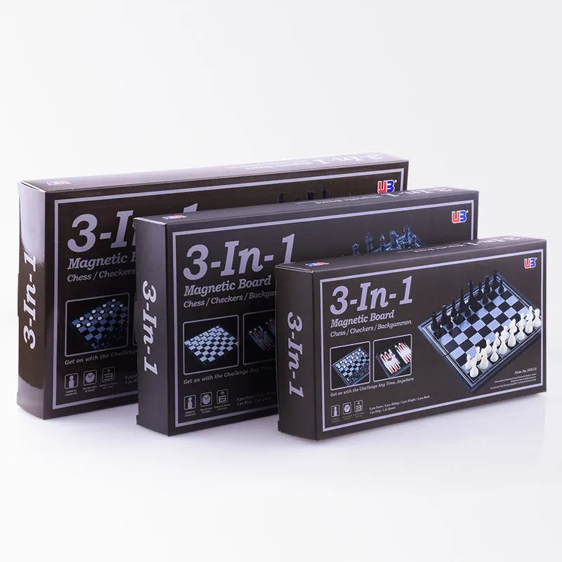Three-in-one magnetic chess checkers backgammon set with plastic board, ABS pieces, and colour box packaging