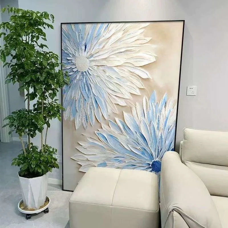 Hand painted abstract blue white flower oil painting on canvas modern textured wall art for bedroom
