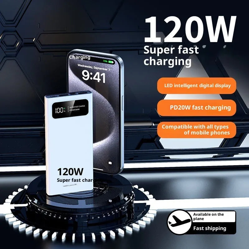 120W fast charging power bank 50000mAh capacity PVC shell 141x66x27mm black or white