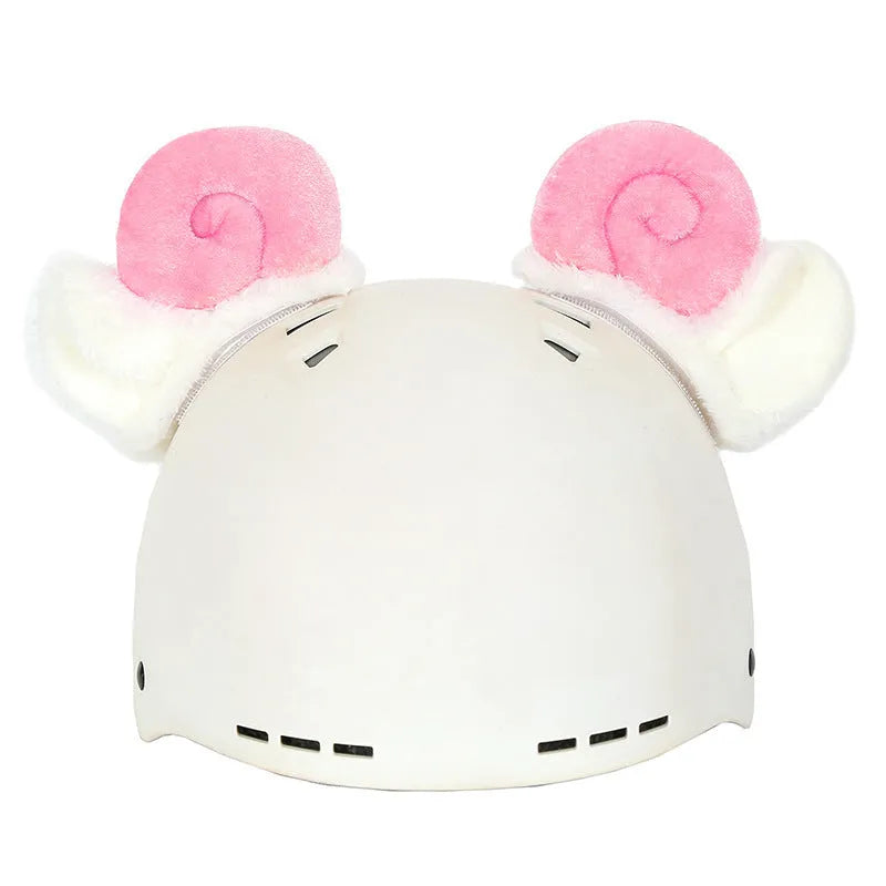 Soft plush cartoon character cover on a motorcycle helmet, showing size M and decorative ear sections.