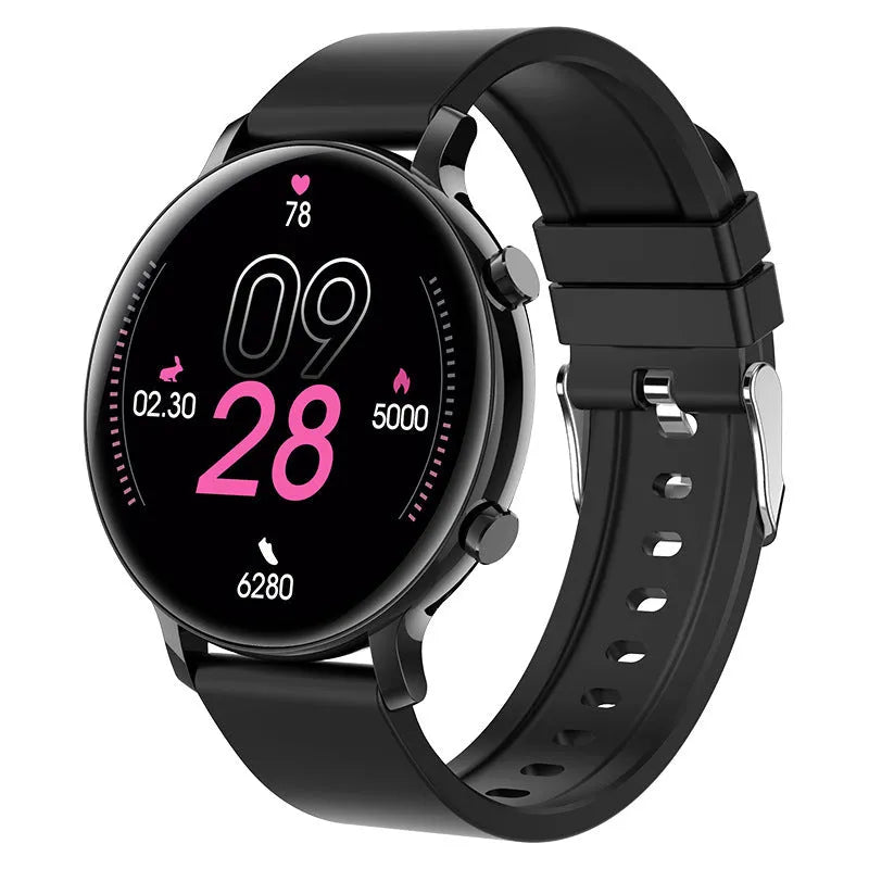 Black Bluetooth smartwatch with stainless steel strap showing call and heart rate monitoring functions on screen.