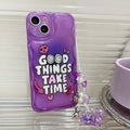 Purple mobile phone case with English graffiti text and love pendant design, featuring attached lanyard