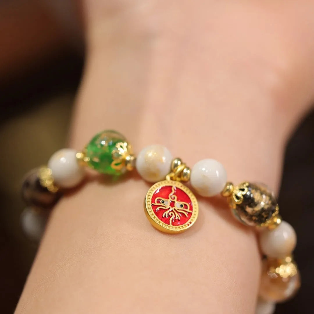Handmade glass bracelet with five gods of wealth theme and 10mm geometric beads in national style design
