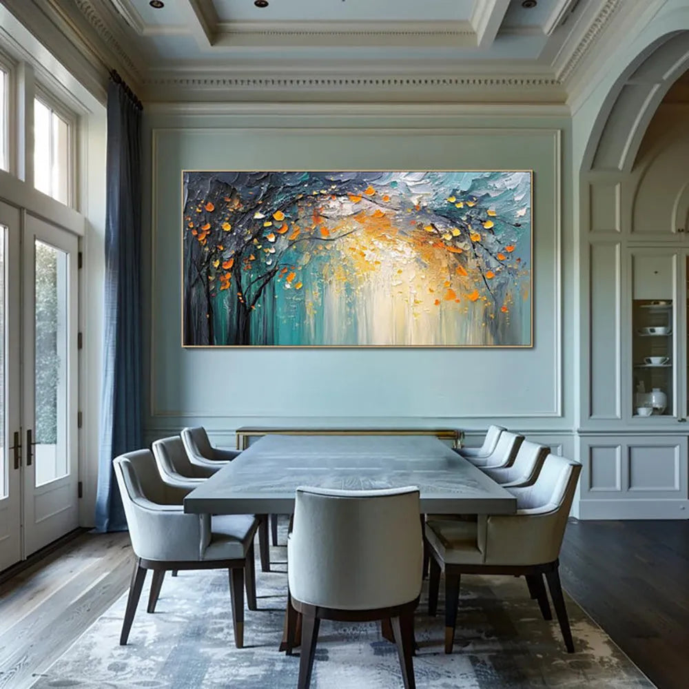 Hand-painted abstract forest oil painting on canvas in blue and golden yellow, one-panel horizontal wall art without frame