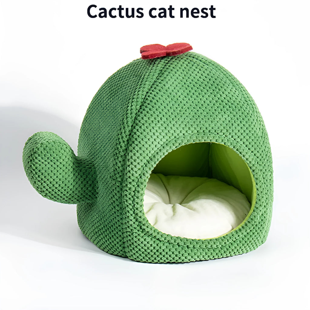 Green cactus-shaped enclosed cat bed with cave design for cats and small dogs