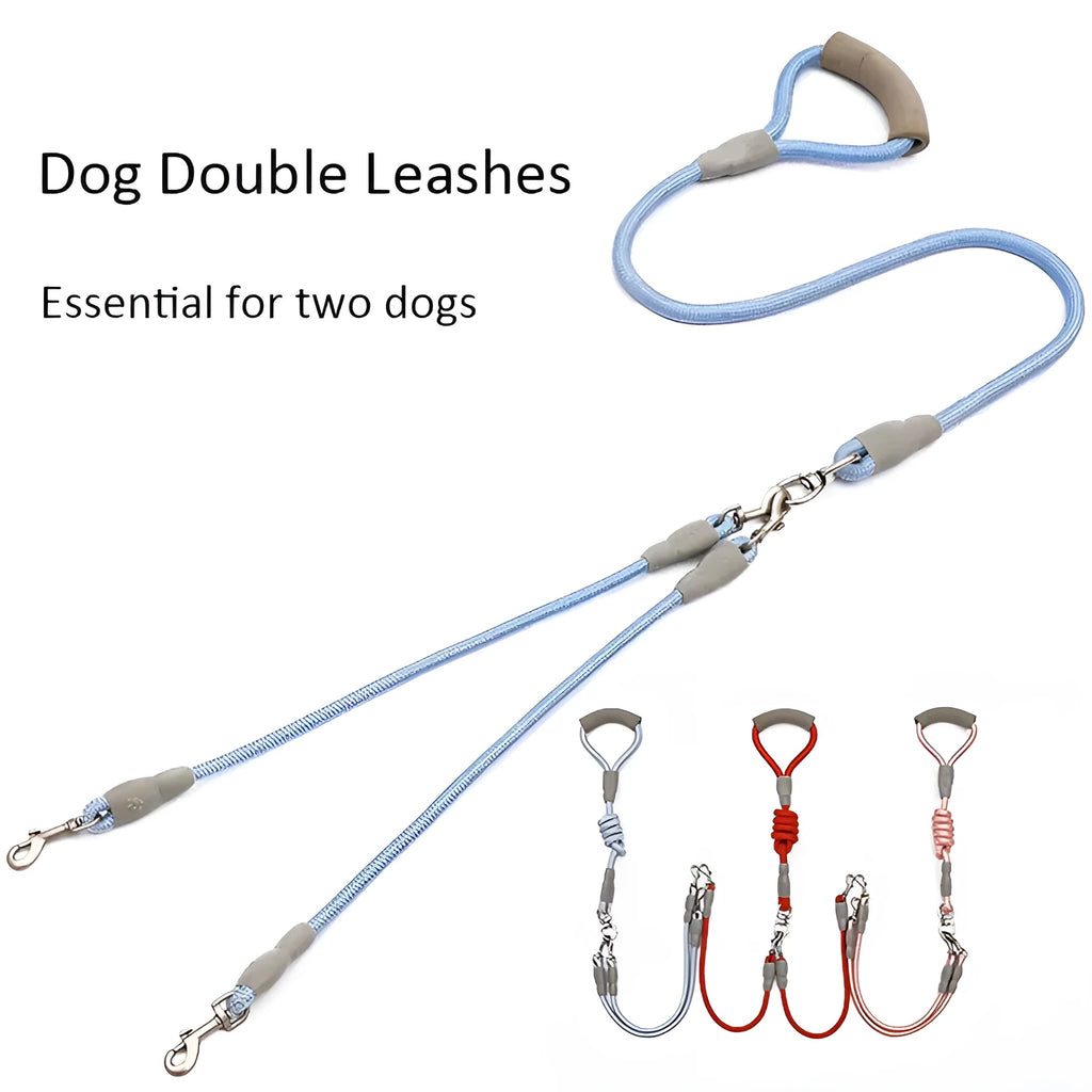 Double dog leash for two dogs with foam handle in blue colour showing metal buckles