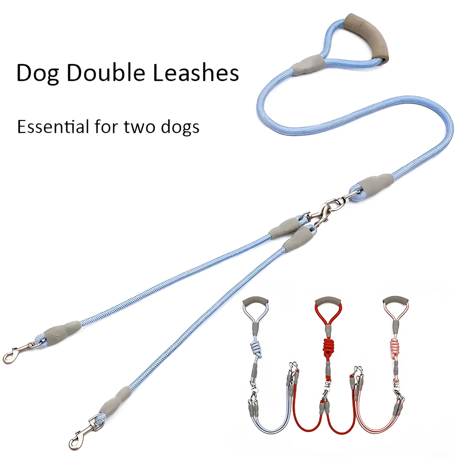 Double dog leash for two dogs with foam handle in blue colour showing metal buckles