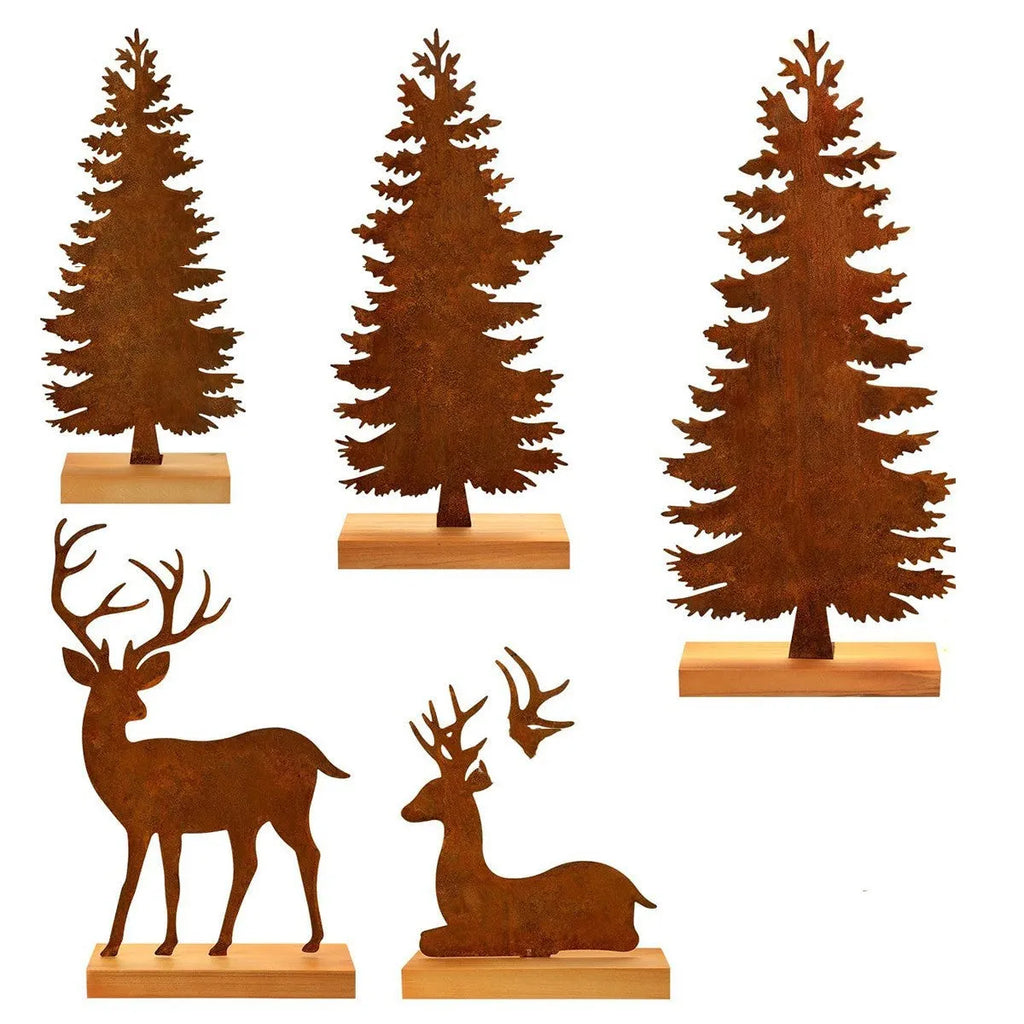 Set of three rusty iron Christmas tree decorations with standing elk figures