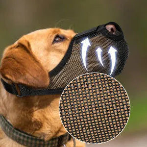 Breathable mesh dog muzzle mask in black, with adjustable straps, suitable for preventing scavenging and barking
