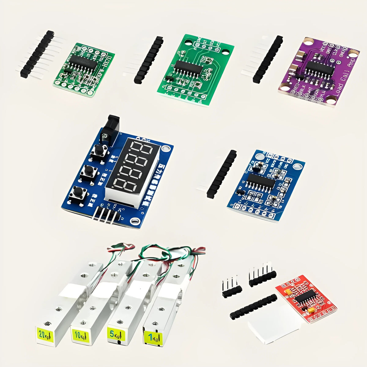 24-bit precision pressure sensor weighing module with IIC interface, shown in blue, green, purple or red board options