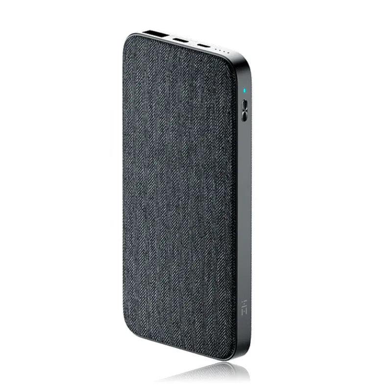 Ultra-thin grey fabric mobile power bank, 10000mAh, two-way fast charging, 66.9mm x 61mm x 28.4mm