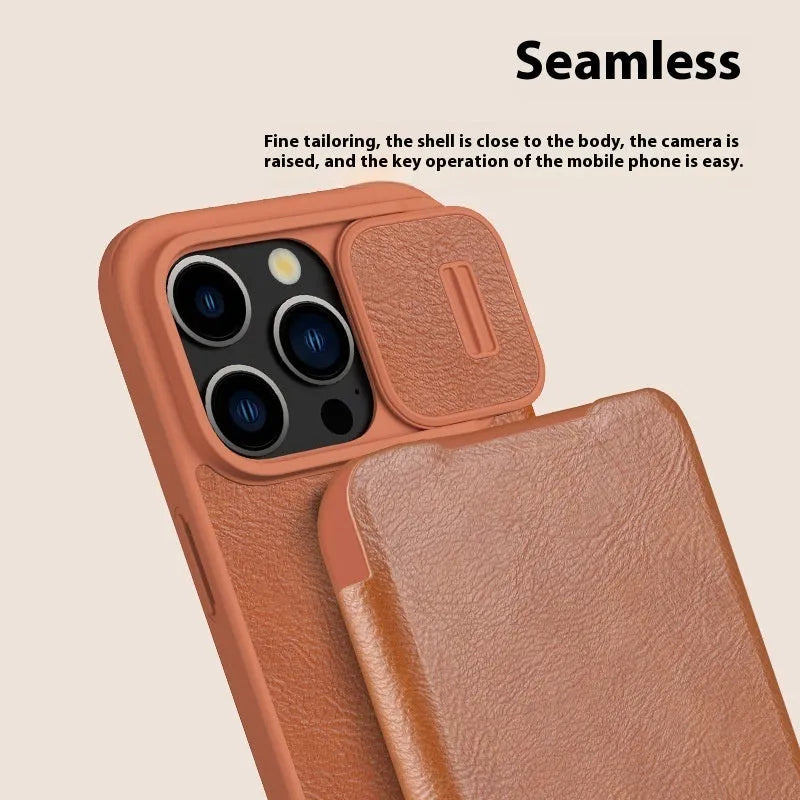 Imitation leather flip phone case for iPhone 15 series in black, brown, and red colours