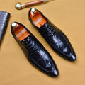 Men's black Korean-style leather formal shoes with alligator pattern and metal horse bit buckle on a rubber sole.