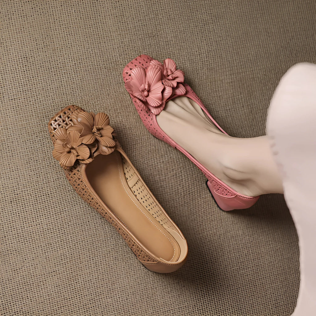 Women's light brown leather pumps with hollow side design and woven detailing, mid-heel height