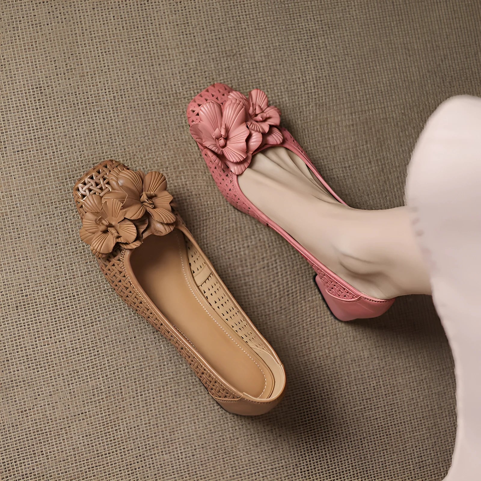 Women's light brown leather pumps with hollow side design and woven detailing, mid-heel height