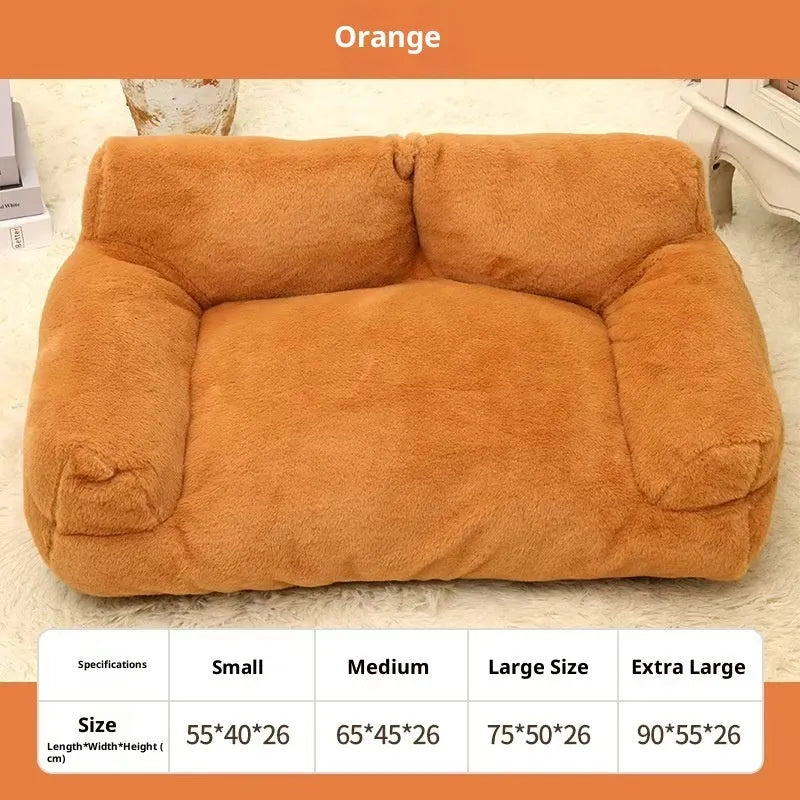 Large pink rabbit fur plush pet sofa bed for dogs with raised edges and anti-slip base
