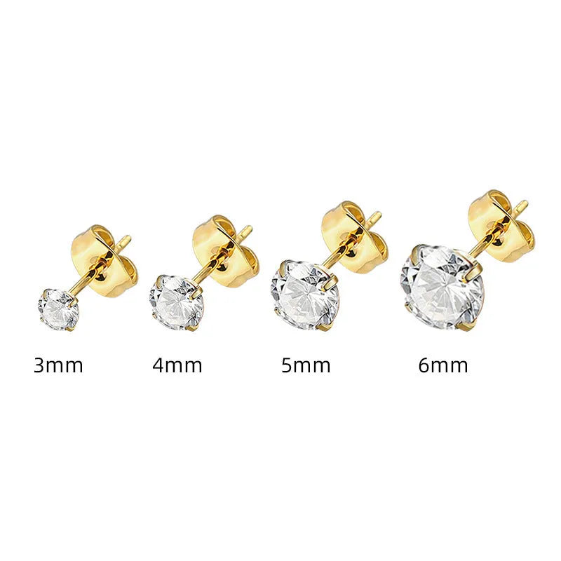 Titanium steel geometric zircon stud earrings with round and square stones in stainless steel construction
