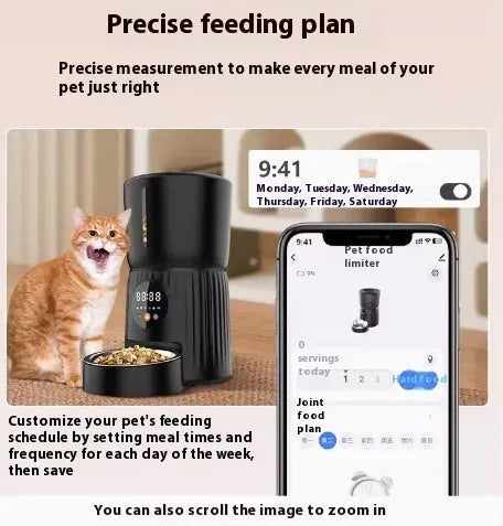 Black automatic pet feeder with digital display and detachable bowl on a kitchen floor.