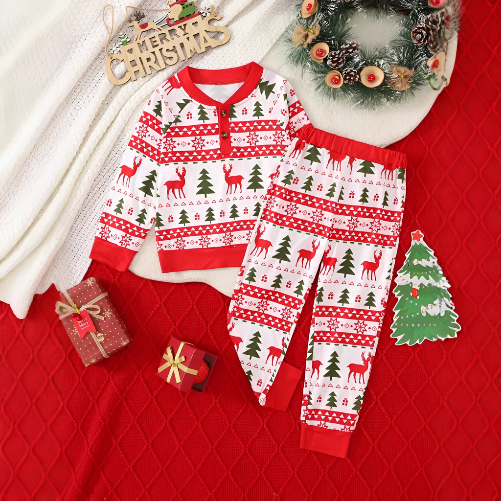 Red boys Christmas print suit two-piece polyester set with animal print top and trousers on white background
