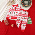 Red boys Christmas print suit two-piece polyester set with animal print top and trousers on white background