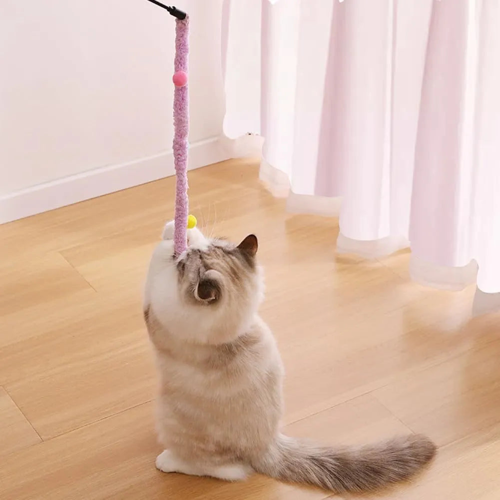 Blue interactive cat teaser wand with long plush strip, fluffy ball, and bell on a 41cm pole.