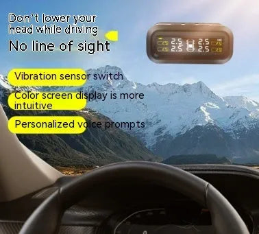 Wireless solar car tyre monitor with colour screen display and external sensors for tyre pressure and temperature monitoring