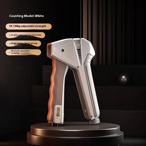 Adjustable grip strength trainer with mechanical force counter display showing resistance level