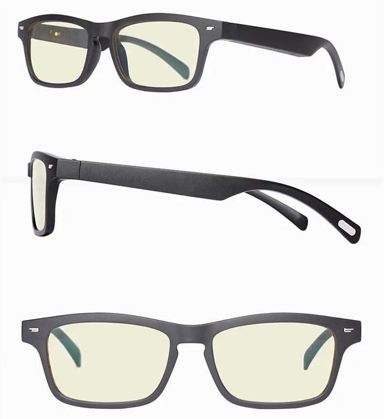 Semi-open Bluetooth smart glasses with PC+ABS frame and anti-blue light lenses on a black background.