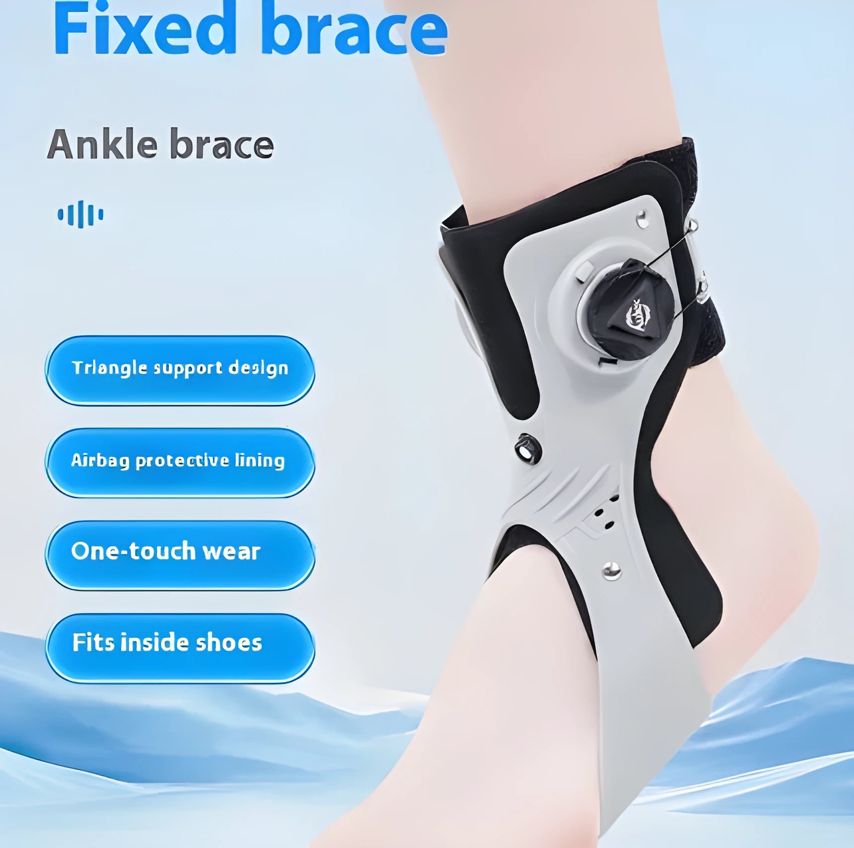 Grey ankle support brace with airbag button mechanism showing left and right size options for foot circumference 31-47 yards